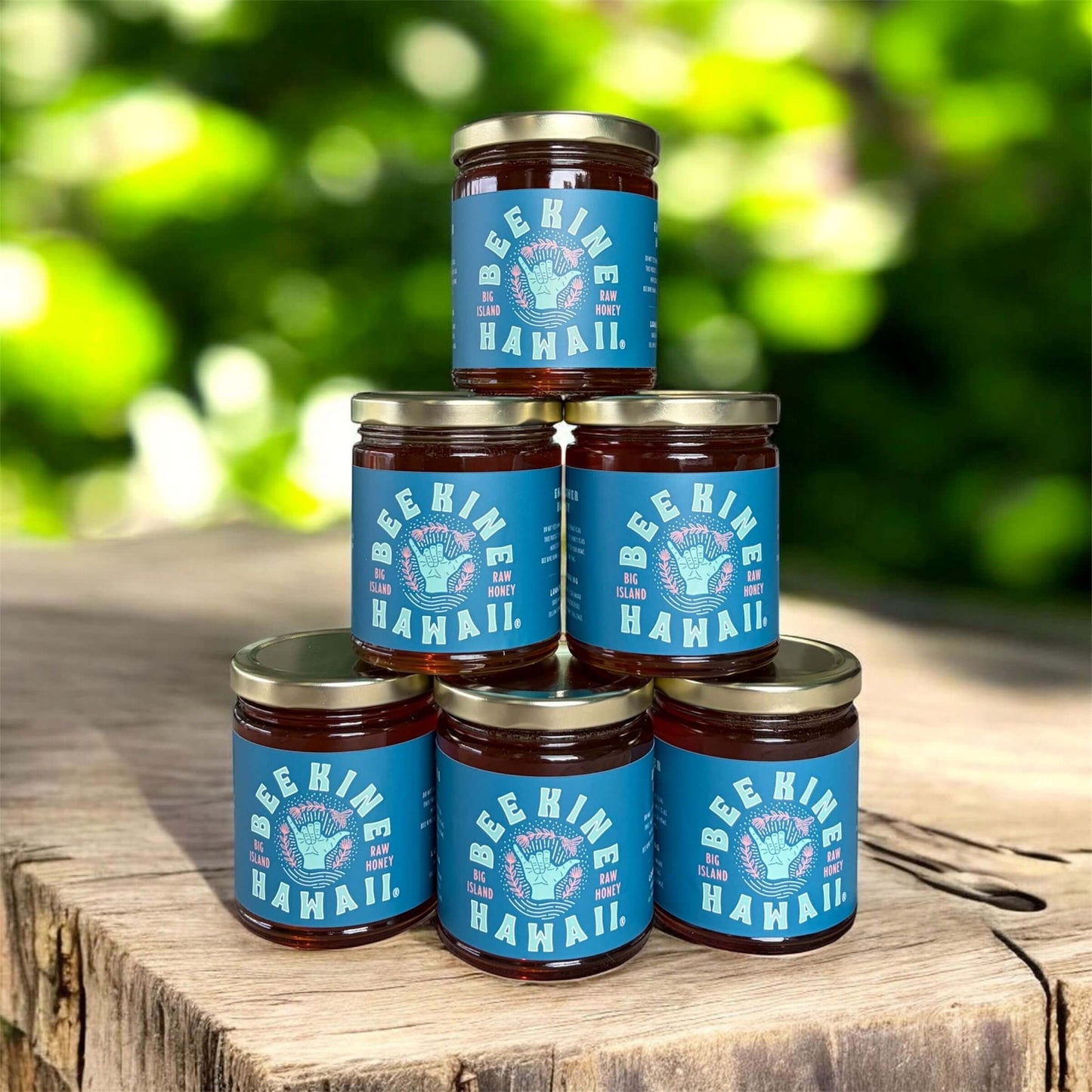 stacked 13.5 oz raw Hawaiian honey jars Big Island local honey display